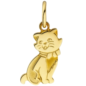 Anhänger für Kinder Katze lachendes Kätzchen aus 333 Gold Gelbgold, teilmatt