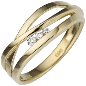 Ring Damenring 3-reihig mit 3 Diamant Brillanten, 585 Gold Gelbgold