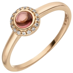 Ring mit Turmalin-Cabochon in pink und 16 Diamant Brillanten, 585 Gold Rotgold