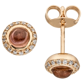 Ohrstecker Ohrringe mit Turmalin-Cabochon 32 Diamant Brillanten 585 Gold Rotgold