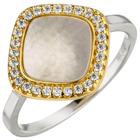 Ring Quadrat mit Perlmutt weiße Zirkonia, 925 Silber, rhodiniert teilvergoldet