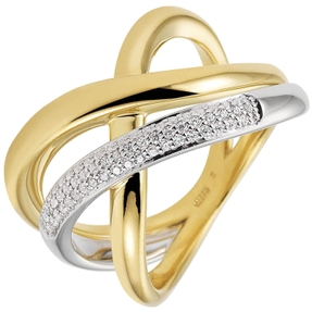 Ring Damenring mit 61 Diamanten Brillanten, 3-reihig, 585 Gold Gelbgold Weißgold