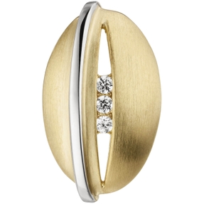 Anhänger in Olivenform mit 3 Zirkonia aus 375 Gold Gelbgold Weißgold , teilmatt