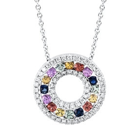 Collier Kreis 750 Weißgold 16 Saphire 0,67ct mehrfarbig 55 Brillanten 0,3ct TW-SI Collier Kreis 750 Weißgold 16 Saphire 0,67ct mehrfarbig 55 Brillanten 0,3ct TW-SI