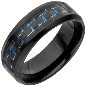 Ring Herrenring, Edelstahl schwarz lackiert mit Carbon Einlagen blaue Striche