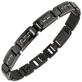 Armband, Edelstahl schwarz lackiert Carbon-Einlagen goldfarbene Striche, 21-22cm Armband, Edelstahl schwarz lackiert Carbon-Einlagen goldfarbene Striche, 21-22cm
