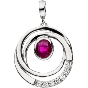 Anhänger Halsschmuck mit rotem Rubin oval und weißen Zirkonia 375 Gold Weißgold Anhänger Halsschmuck mit rotem Rubin oval und weißen Zirkonia 375 Gold Weißgold