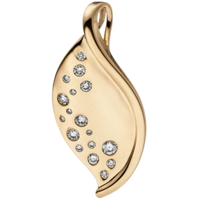 Anhänger Halsschmuck Blättchen mit 17 Diamanten Brillanten, 585 Gold Gelbgold
