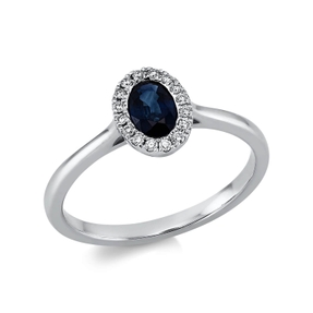 Ring Oval aus 750 Weißgold Saphir 0,5ct blau 16 Brillanten 0,07ct TW-SI B:8,3mm