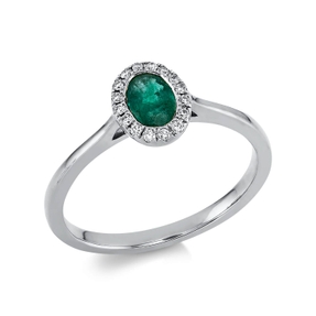 Ring Oval aus 750 Weißgold Smaragd 0,42ct grün 16 Brillanten 0,07ct TW-SI B:8,3mm