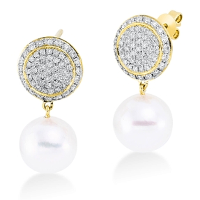 Ohrschmuck aus 750 Gelbgold 2 Südsee-Perlen 10mm weiß 116 Brillanten 0,7ct W-SI