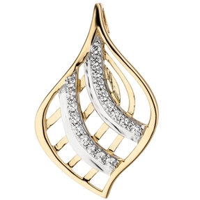 Anhänger Halsschmuck Blatt Blättchen mit weißen Zirkonia, 375 Gold Gelbgold