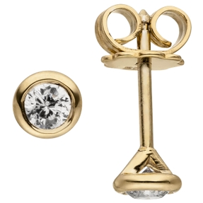 Ohrstecker Solitär Ohrringe mit 2 Diamanten Brillanten, rund 585 Gold Gelbgold