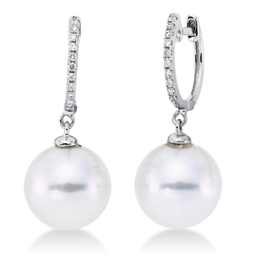 Ohrschmuck Ohrhänger aus 750 Weißgold 2 Südsee-Perlen 9,5mm weiß mit Brillanten