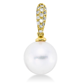Anhänger aus 750 Gelbgold Südsee-Perle 9mm weiß 14 Brillanten 0,1ct TW-SI Anhänger aus 750 Gelbgold Südsee-Perle 9mm weiß 14 Brillanten 0,1ct TW-SI