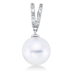 Anhänger aus 750 Weißgold Südsee-Perle 9,5mm weiß 14 Brillanten 0,08ct TW-SI