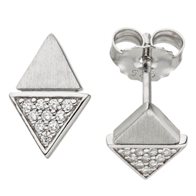 Ohrstecker Ohrringe Dreiecke mit weißen Zirkonia, 925 Silber rhodiniert teilmatt
