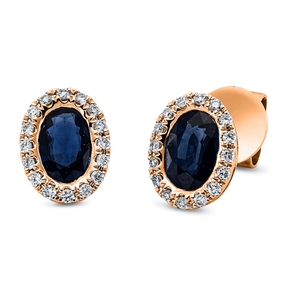 Ohrstecker Oval aus 750 Rotgold 2 Saphire 1,2ct blau 32 Brillanten 0,14ct TW-SI