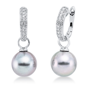 Ohrschmuck Ohrringe 750 Weißgold 2 Tahiti-Perlen 8,5mm silbergrau mit Brillanten