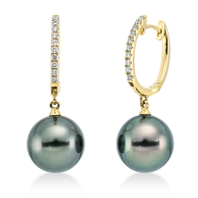Ohrschmuck Ohrringe aus 750 Gelbgold 2 Tahiti-Perlen 9,5mm dunkel mit Brillanten