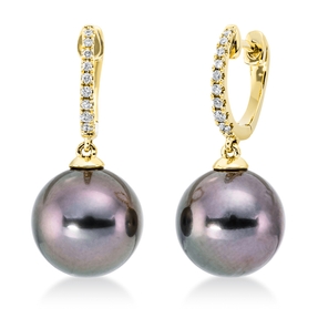 Ohrschmuck Ohrringe aus 750 Gelbgold 2 Tahiti-Perlen 10,5mm dunkel mit Brillanten