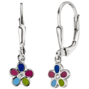 Brisur Kinder-Boutons Blümchen mit bunten Farben, weiße Zirkonia, 925 Silber