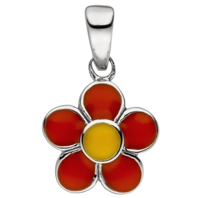 Anhänger für Kinder Blume Blümchen mit orange-roten Lackierung, 925 Silber