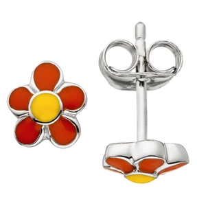 Ohrstecker Kinder-Ohrringe Blume Blümchen mit orange-roten Lackierung 925 Silber