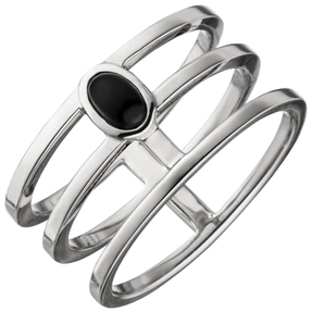Ring Damenring 3-reihig breit mit ovalem Onyx, 925 Silber Fingerschmuck