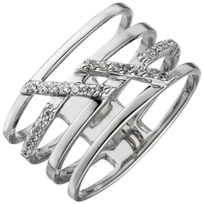 Ring breiter Damenring 4-reihig mit weißen Zirkonia 925 Silber Fingerschmuck
