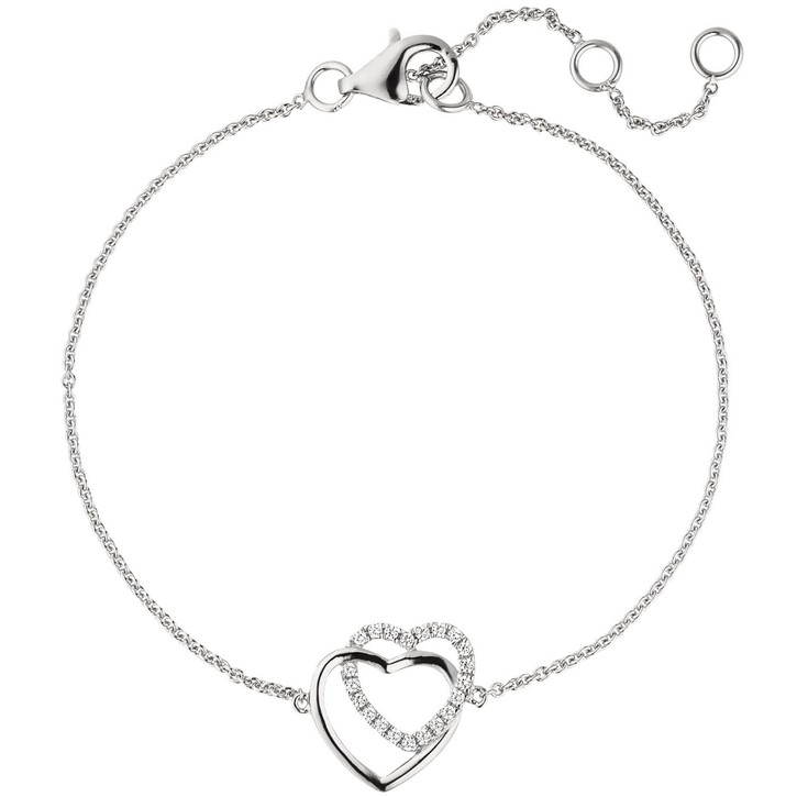 1,1mm Armband 2 Herzen Zirkonia 925 Silber 18,5cm