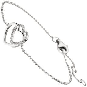 1,1mm Armband Armkette, 2 Herzen mit Zirkonia 925 Silber rhodiniert, 15-18,5cm