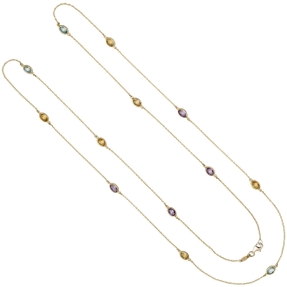 1mm Rankerkette mit Citrinen Blautopasen Amethysten, 585 Gold Gelbgold, 90cm