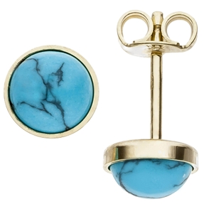 Ohrstecker Ohrringe blaue Türkise, rund, 333 Gold Gelbgold Ohrschmuck