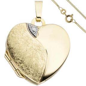 Schmuck-Set, Medaillon Herz für 2 Fotos 1,3mm Panzerkette 333 Gold Gelbgold 45cm