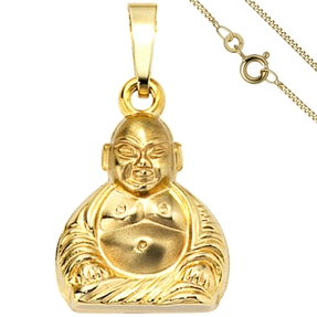 Schmuck-Set, Anhänger Buddha auf 1,3mm Panzerkette 333 Gold Gelbgold 50cm