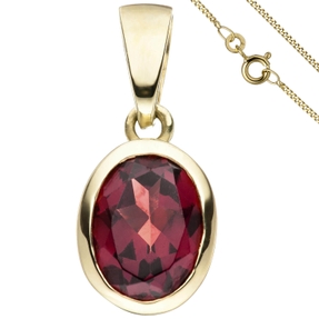 Schmuck-Set, Anhänger roter Granat auf 1,3mm Panzerkette 333 Gold Gelbgold, 45cm