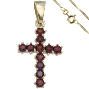 Schmuck-Set, Kreuz mit roten Granaten 1,3mm Panzerkette 333 Gold Gelbgold, 50cm