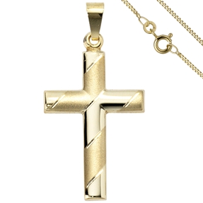 Schmuck-Set, Kreuz mit Streifen auf 1,3mm Panzerkette 333 Gold Gelbgold, 45cm