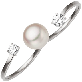 Ring Damenring für zwei Finger mit Süßwasser-Perle Zirkonia, 333 Gold Weißgold