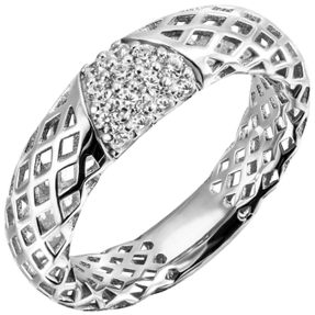 Ring mit 14 Zirkonia weiß 925 Silber rhodiniert Damenring glänzend Netz-Muster