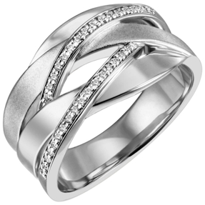 Breiter Ring Damenring 34 Zirkonia 925 Silber rhodiniert teilmattiert Fingerring