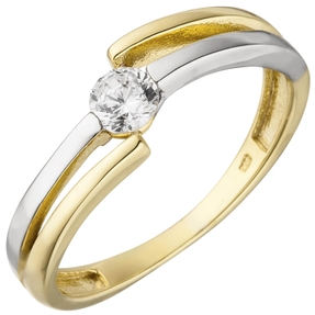 Solitär Ring Damenring 1 Zirkonia weiß 333 Gold Gelbgold teilrhodiniert bicolor