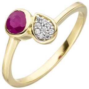 Ring Damenring mit Rubin rot & 9 Zirkonia weiß 333 Gold Gelbgold Kreis & Tropfen