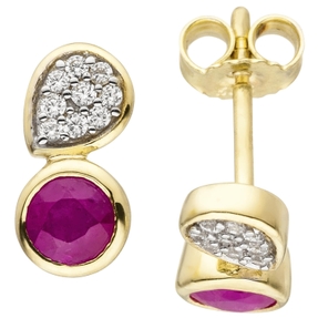 Ohrstecker mit Rubin rot & 18 Zirkonia weiß 333 Gold Gelbgold Kreis & Tropfen Ohrstecker mit Rubin rot & 18 Zirkonia weiß 333 Gold Gelbgold Kreis & Tropfen
