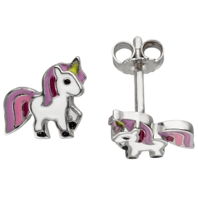 Kinder Ohrstecker Einhorn aus 925 Silber Ohrschmuck lila-pink-grün Lackeinlagen