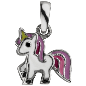 Kinder Anhänger Einhorn aus 925 Silber lila-pink-grün Lackeinlagen Halsschmuck