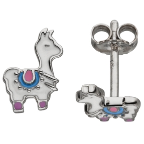 Kinder Ohrstecker Lama aus 925 Silber weiß-pink-blau Lackeinlagen Ohrschmuck