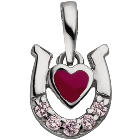 Kinder Anhänger Herz rot im Hufeisen mit 5 Zirkonia pink 925 Silber Halsschmuck