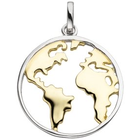 Anhänger Weltkarte Welt im Kreis 925 Silber vergoldet bicolor Ø19,2mm rund Anhänger Weltkarte Welt im Kreis 925 Silber vergoldet bicolor Ø19,2mm rund
